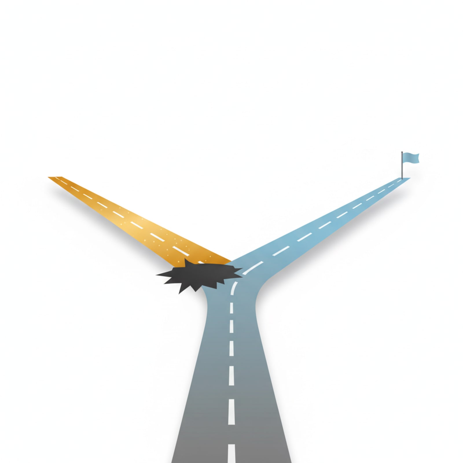 A road forks into two: the tempting path is blocked by a hazard while the correct path leads to a goal flag.
