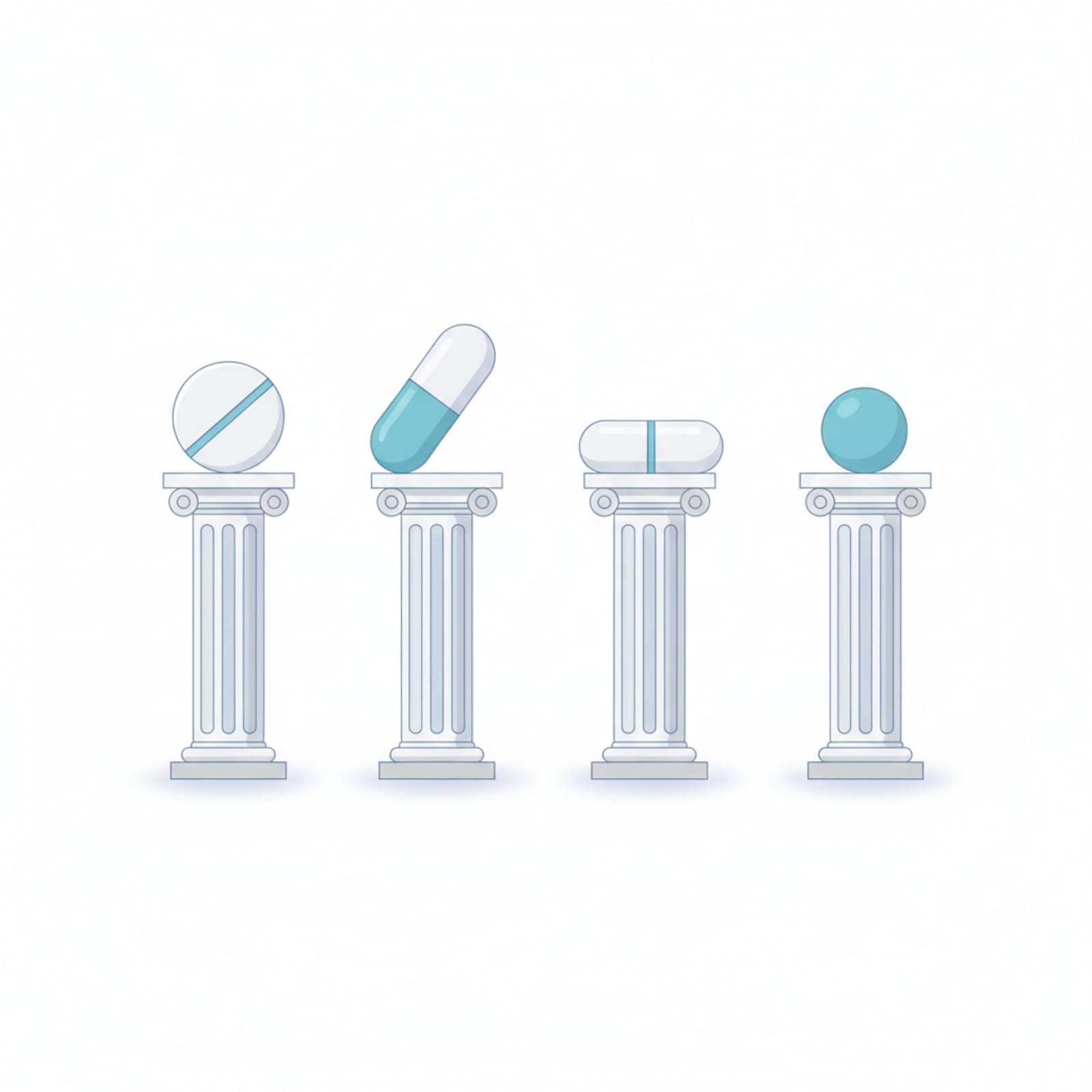 Four classical columns each topped with a different pill shape, representing the core drug classes that pharmacology rests on