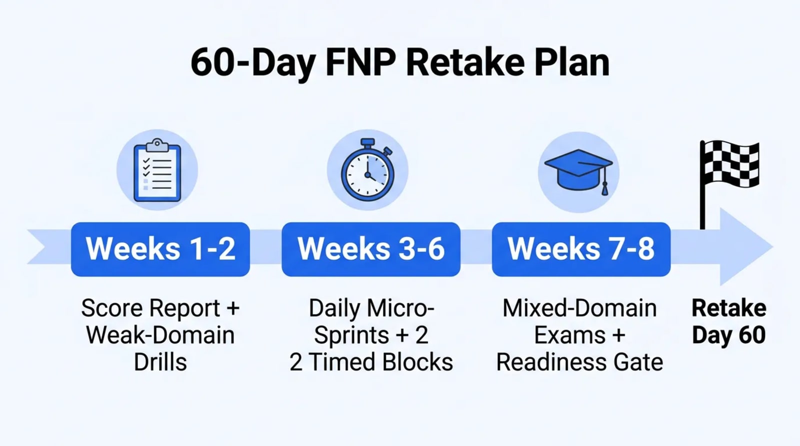 Labeled horizontal timeline of the 60-day FNP retake plan with three phases leading to a finish flag: Weeks 1-2 Score Report + Weak-Domain Drills, Weeks 3-6 Daily Micro-Sprints + 2 Timed Blocks, Weeks 7-8 Mixed-Domain Exams + Readiness Gate, ending at Retake Day 60.