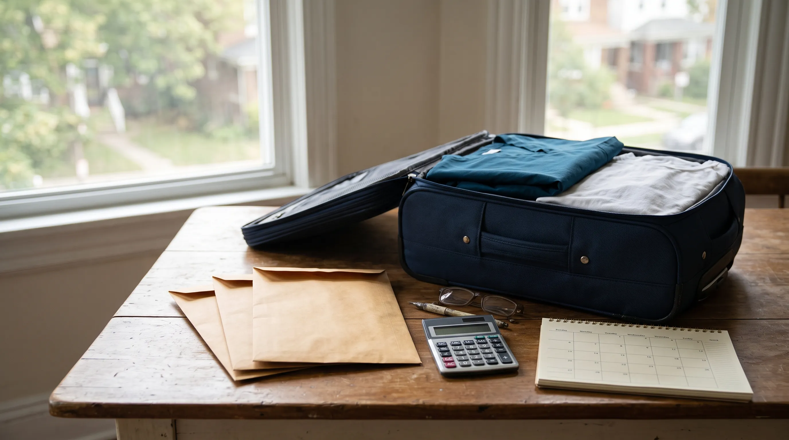 Editorial still life with a calendar and notes for comparing a travel-nurse pay package
