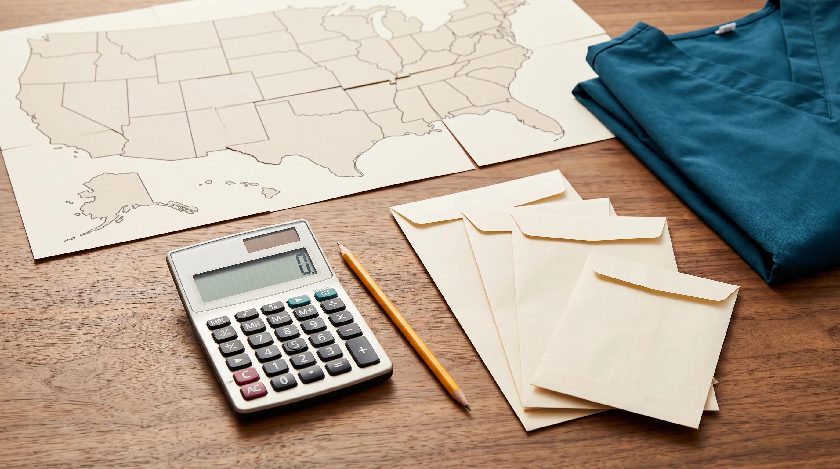 Editorial still life for comparing nursing wages and cost-of-living notes