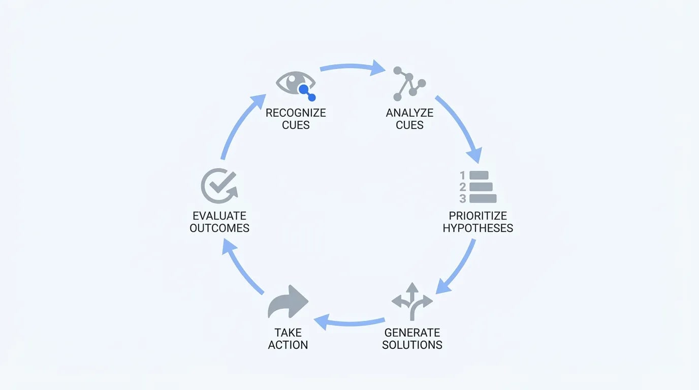 The NCSBN Clinical Judgment Measurement Model as a six-stage iterative loop: recognize cues, analyze cues, prioritize hypotheses, generate solutions, take action, evaluate outcomes, looping back to the start