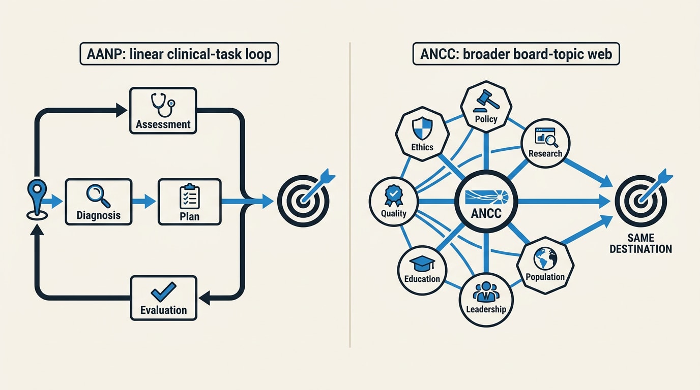 Diagram: What actually differs — Same destination, different shape: AANP follows a linear clinical-task loop; ANCC spans a br