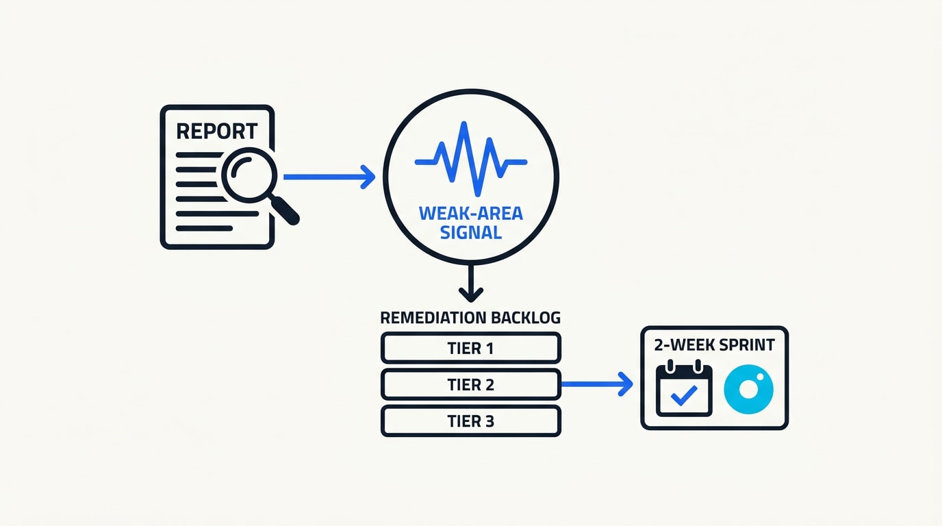 Diagram: How to extract the weak-area signal — Read the report as triage: pull the weak-area signal, sort gaps into a tiered 