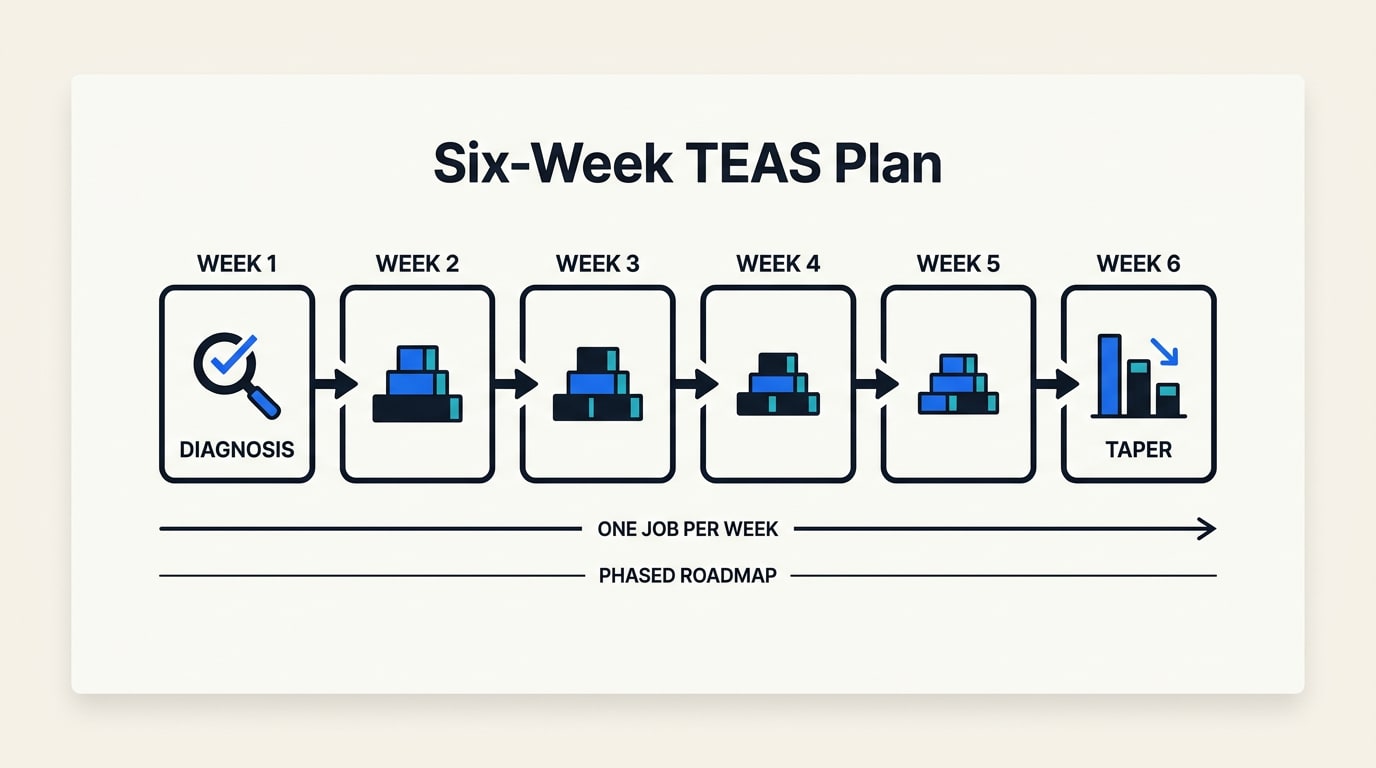 Diagram: The six-week TEAS plan — The six-week TEAS plan as a phased roadmap: each week has one job, from week-1 diagnosis to