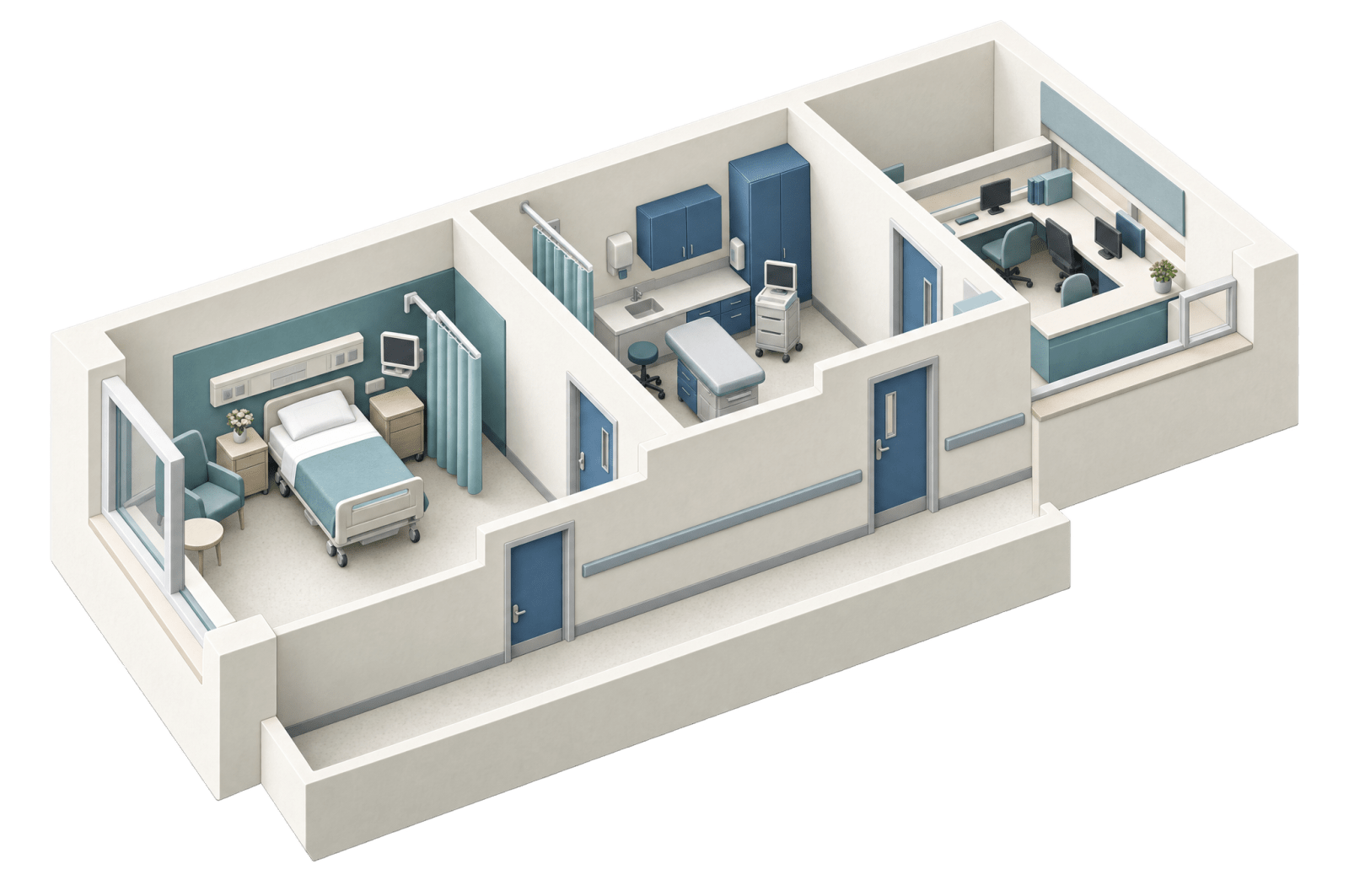 A hospital cutaway shows distinct care rooms and a nursing work area connected by one corridor.