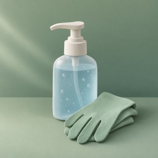 Hand sanitizer beside gloves.