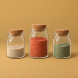 Jars of colored sand at different levels.