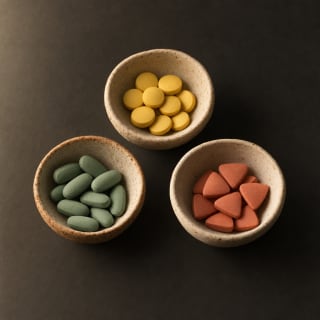 Three ceramic bowls of matching pills.