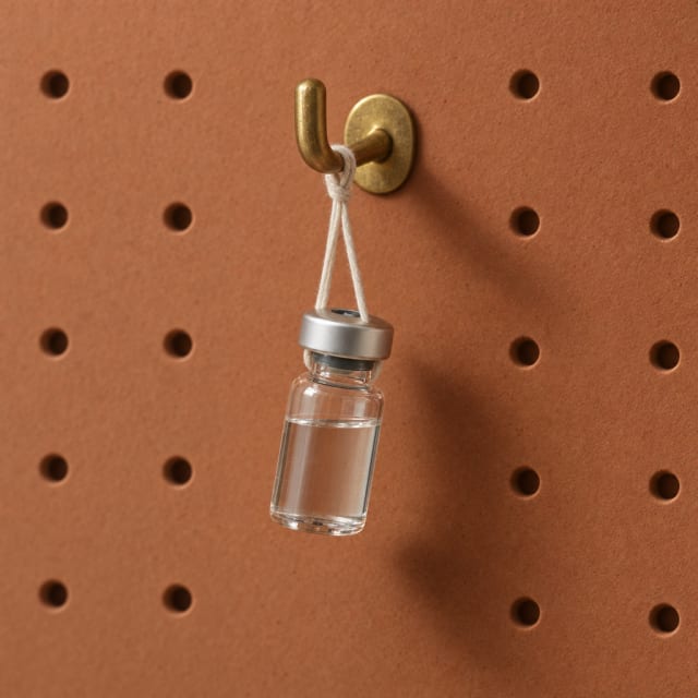 A hook holding a medication vial.