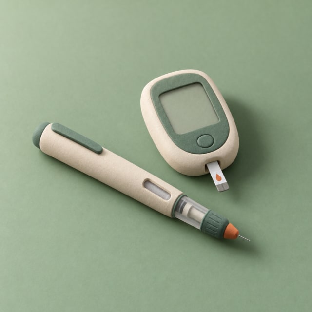 An insulin pen beside a glucose meter.