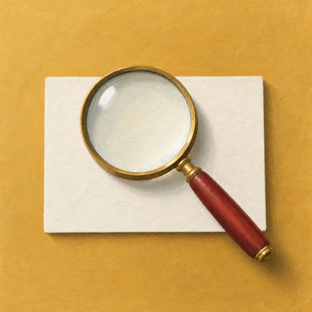 A magnifying glass over a card.