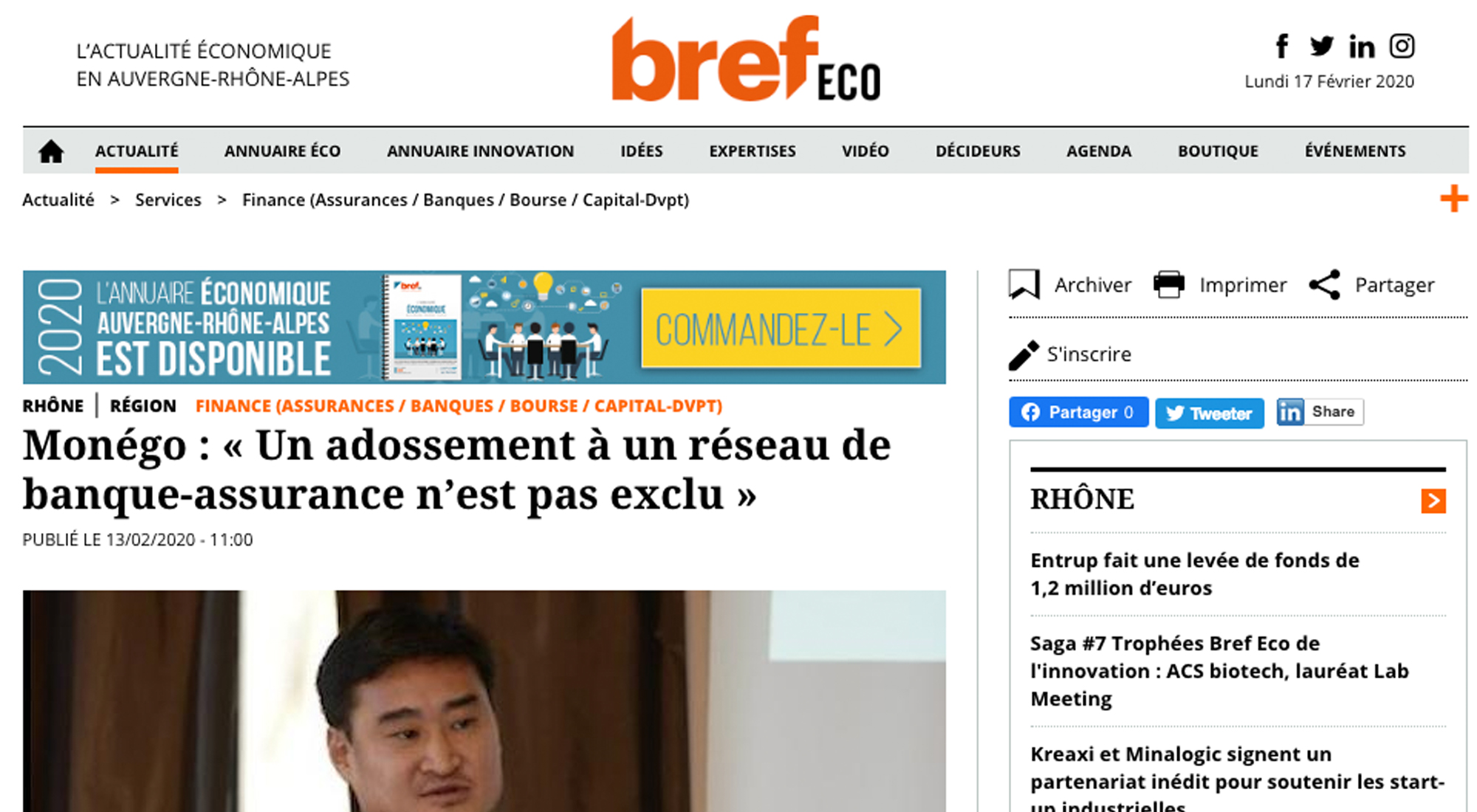 Article paru dans Bref Éco : Monego : « Un adossement à un réseau de banque-assurance n’est pas exclu »