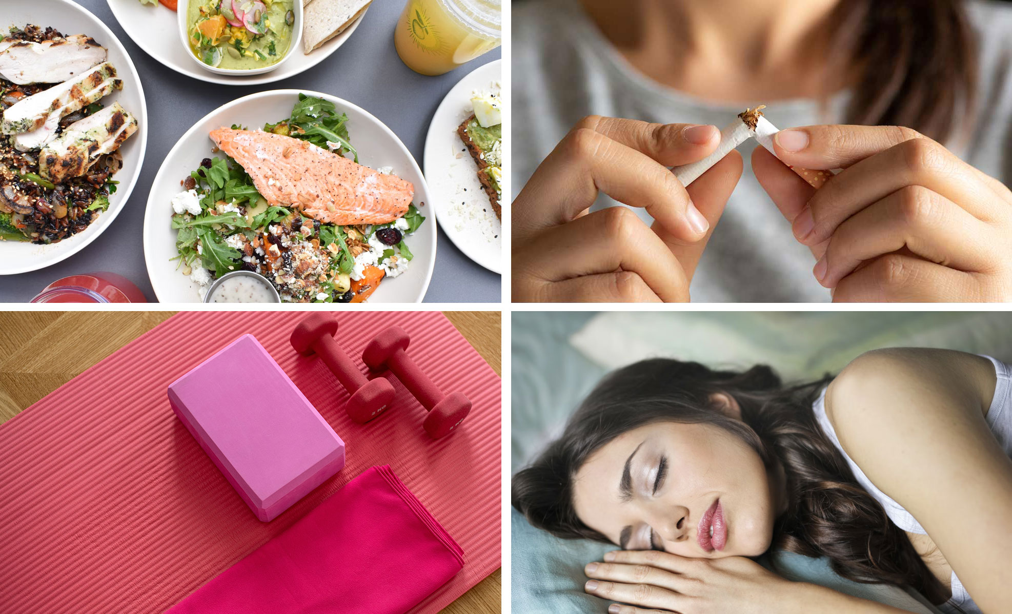 Eat healthy, quit smoking, exercise mat, person sleeping