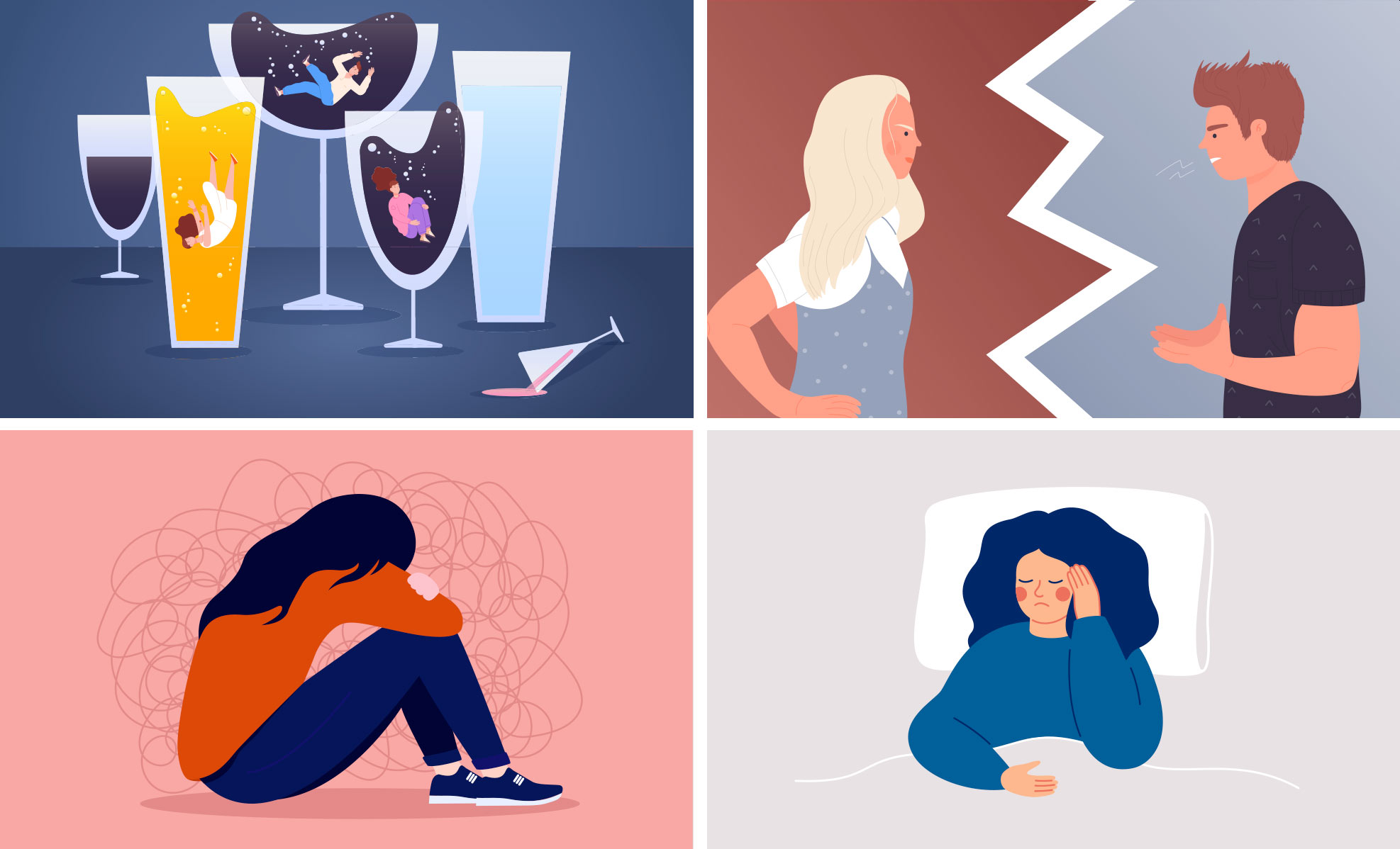 Image of 4 concepts - alcholic drinks, partners fighting, depression and sleep trouble