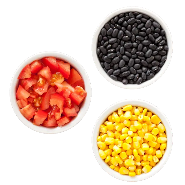corn, tomato and black beans in bowls