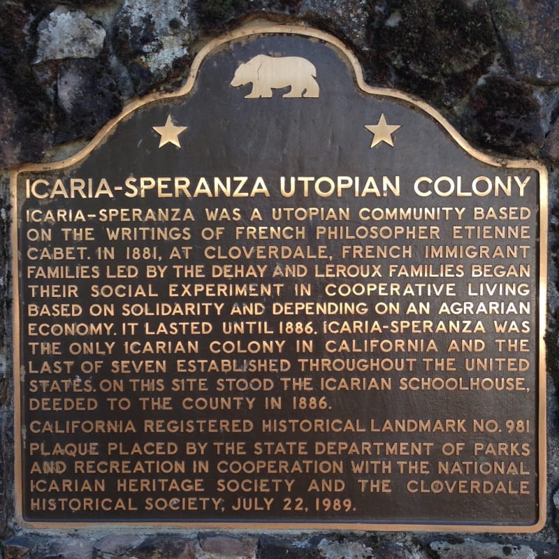 CHL #981 - Icaria-Speranza Utopian Commune State Plaque