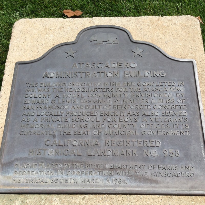 CHL #958 Atascadero Administration Building State Plaque in Lawn