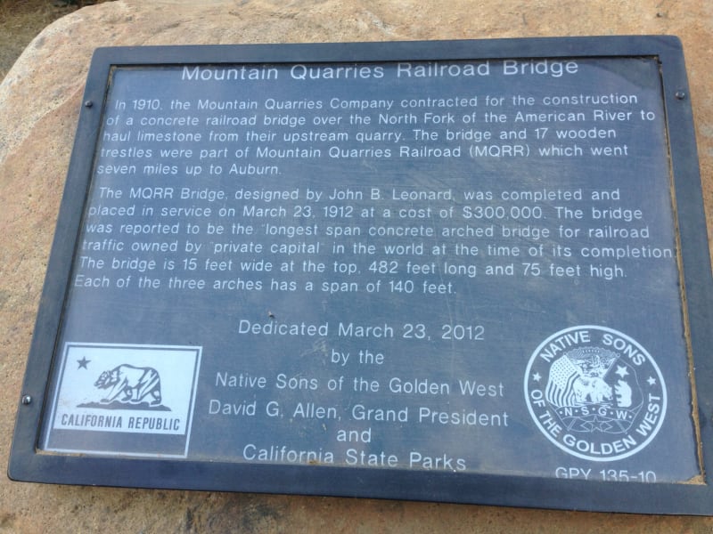 No. 1051 Mountain Quarries Railroad Bridge - Plaque at trailhead (Placer)