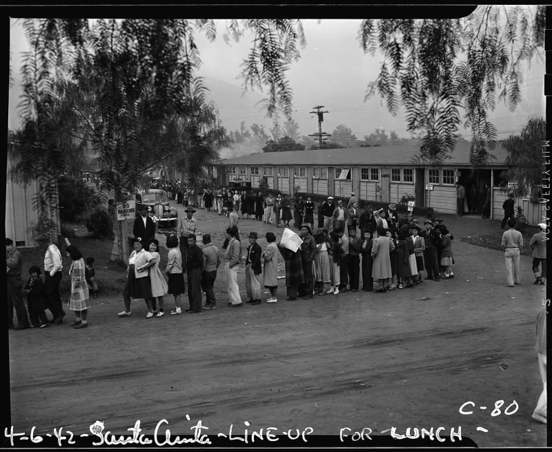 NO. 934  SANTA ANITA ASSEMBLY CENTER - 1940's, lining up for lunch