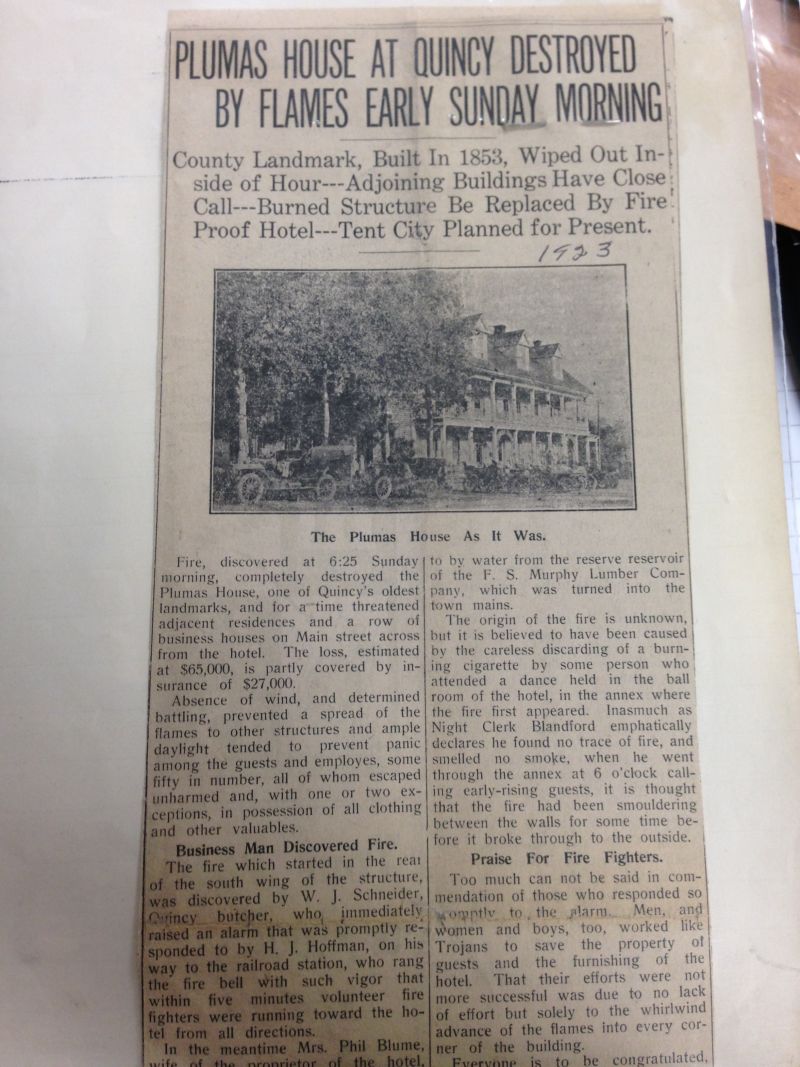 NO. 480 SITE OF PLUMAS HOUSE - Newspaper article regarding fire.