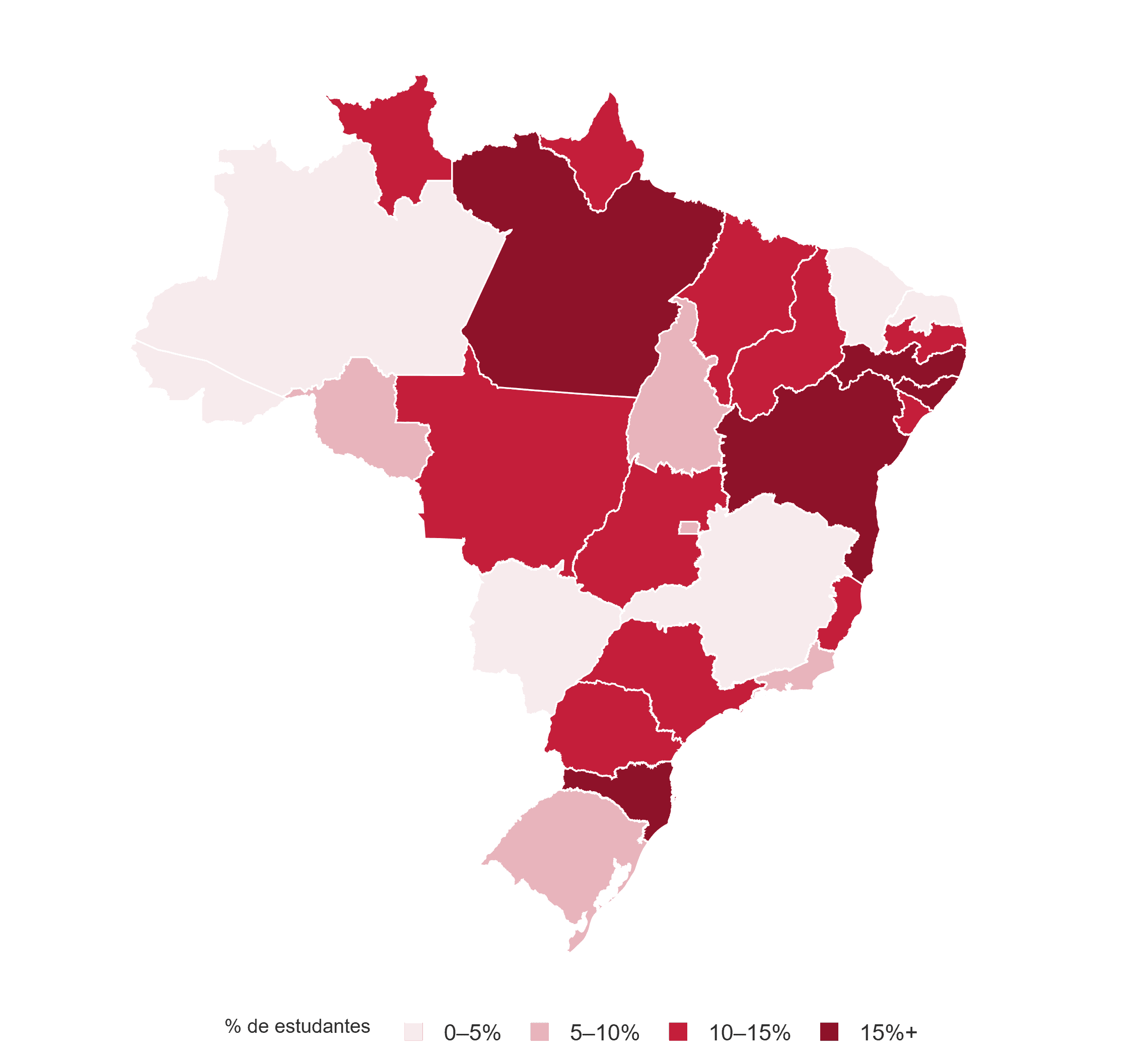 Mapa do Brasil com o percentual de estudantes por estado