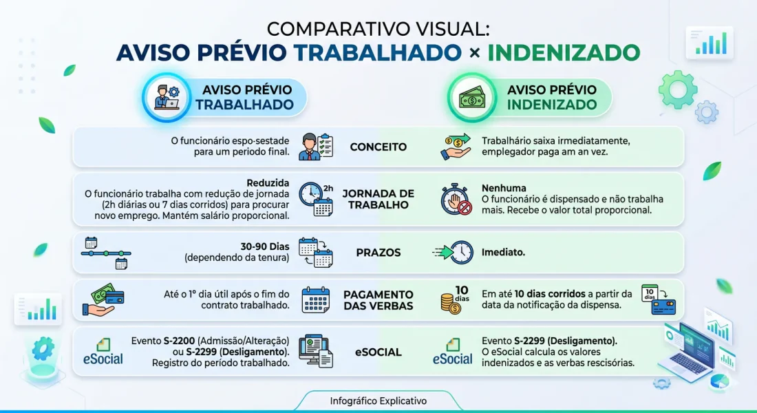 Infográfico MARRA CLT: comparativo visual Aviso-Prévio Trabalhado × Indenizado — conceito, jornada de trabalho, prazos, pagamento das verbas e eSocial lado a lado.