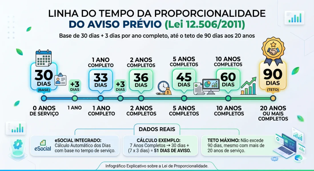 Infográfico MARRA CLT: linha do tempo da proporcionalidade do aviso-prévio pela Lei 12.506/2011 — 30 dias base, mais 3 dias para cada ano completo de serviço, até o teto de 90 dias.