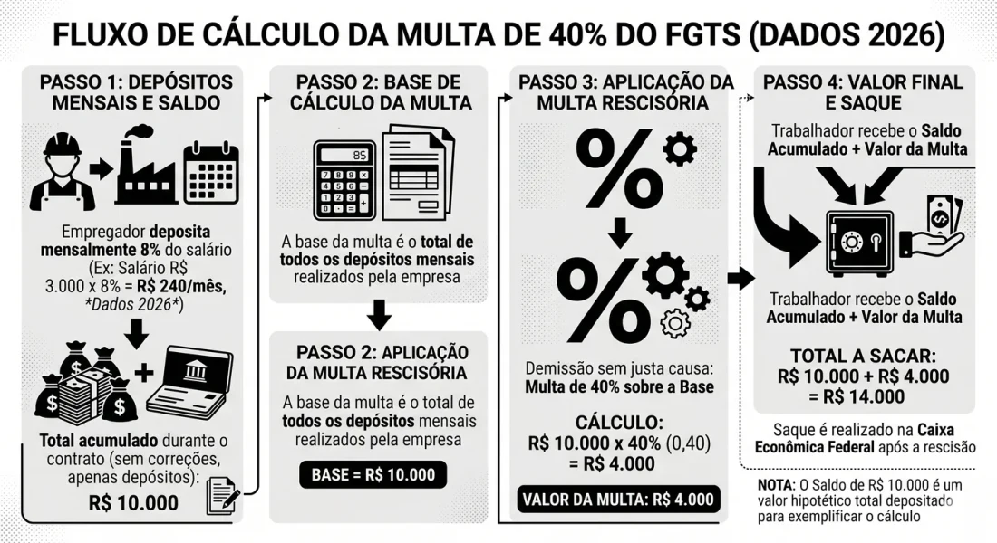 Infográfico MARRA CLT: fluxo de cálculo da multa de 40% do FGTS em 4 passos — depósitos mensais, base de cálculo, aplicação da multa rescisória e valor final do saque.