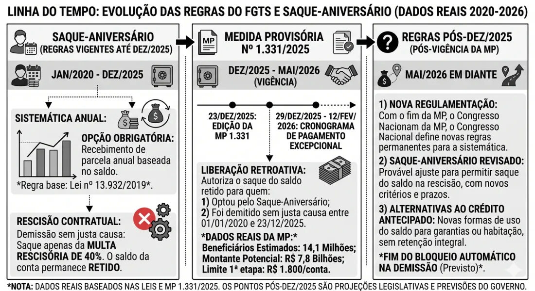 Infográfico MARRA CLT: linha do tempo da evolução das regras do FGTS e Saque-Aniversário — regras vigentes até dez/2025, MP nº 1.331/2025 e cenário pós-dez/2025.