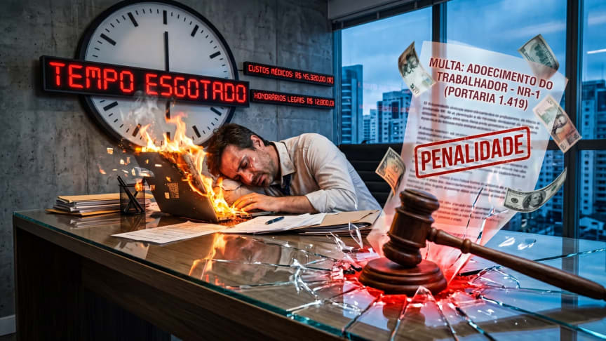 Trabalhador exausto sobre a mesa com notebook em chamas, relógio marcando "tempo esgotado" e aviso de multa da NR-1 (Portaria 1.419) — riscos psicossociais e saúde mental no trabalho (MARRA CLT).