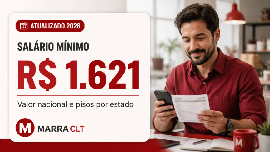 Salário mínimo 2026 — R$ 1.621: valor nacional e pisos por estado (MARRA CLT)