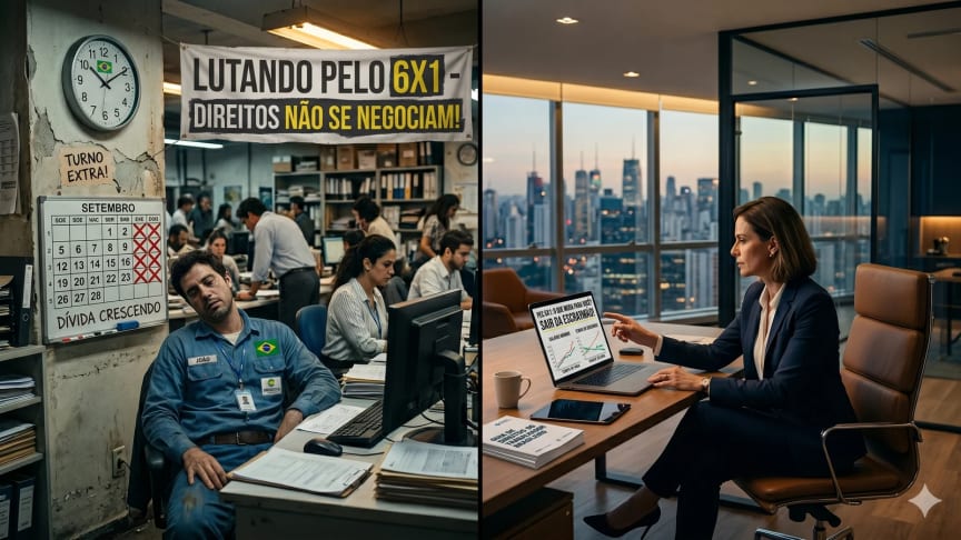 Ilustração MARRA CLT: trabalhador exausto na escala 6x1 versus advogada analisando a PEC 6x1 e o trabalhador hipersuficiente — Superempregado fora da jornada de 40 horas