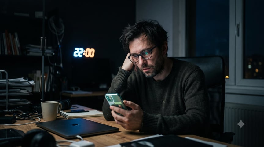 Trabalhador exausto olhando o celular às 22h com mensagens de trabalho após o expediente