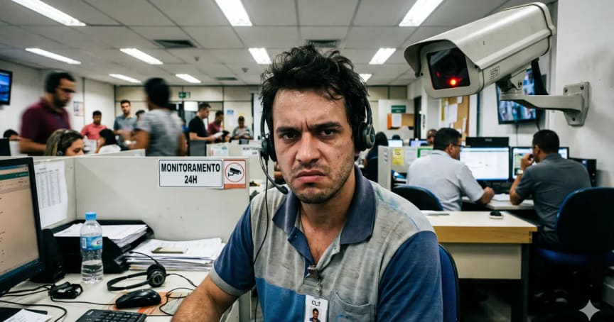 Trabalhador em central monitorada por câmera, representando vigilância corporativa e bossware