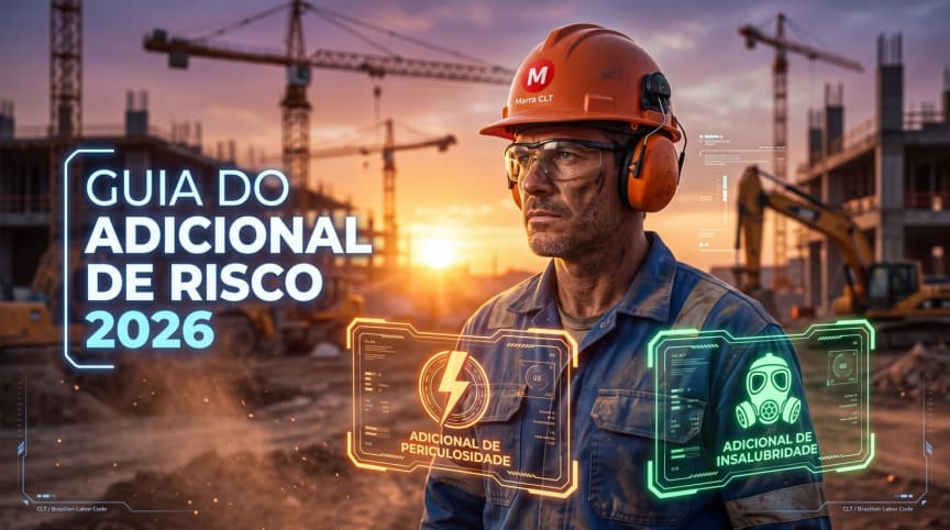 Trabalhador da construção civil com capacete e colete de proteção em ambiente de risco — adicional de insalubridade e periculosidade.