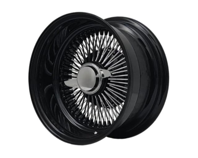 14X7 GLOSS BLACK WITH CHROME SPOKE 100 SPOKE STRAIGHT LACE WIRE STEEL WHEEL