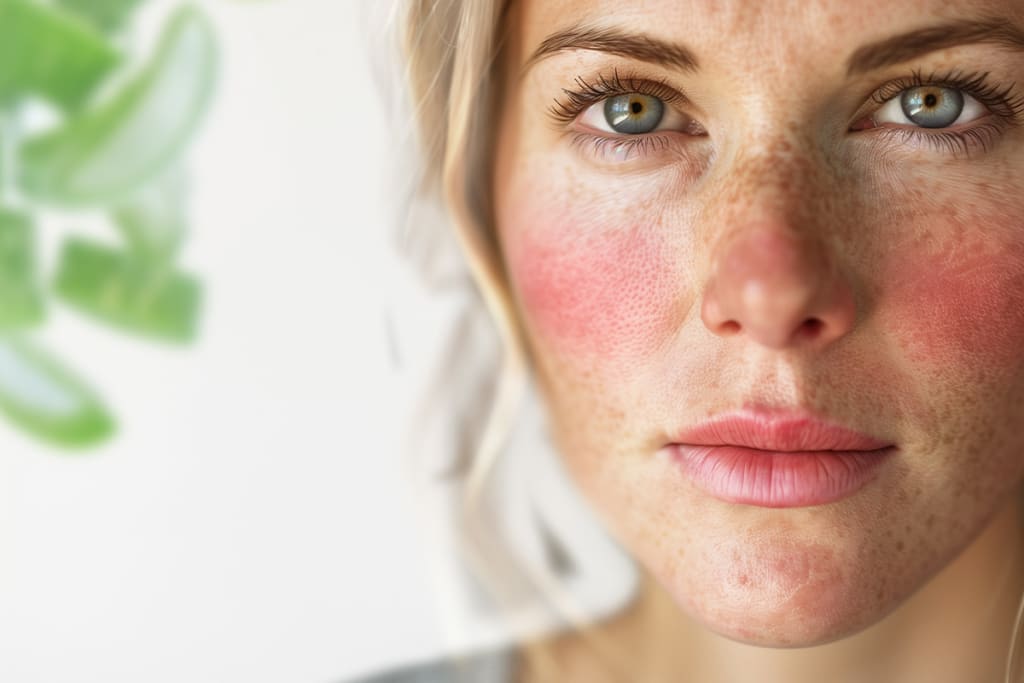 Closeup of girl with skin condition in the foreground, blurry aloe vera in the background.