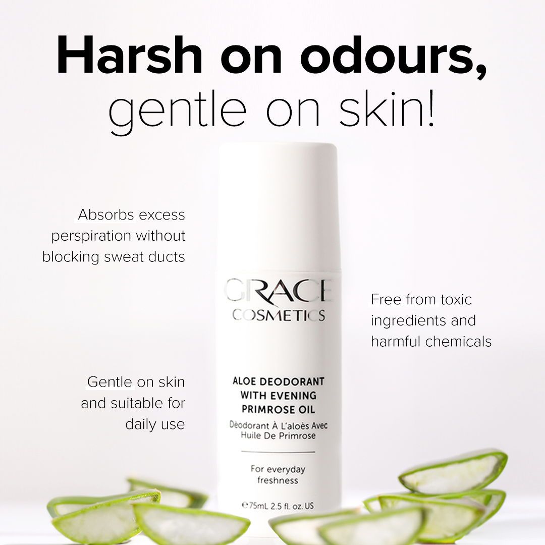 Graphic with Aloe Deodorant in the middle surrounded by its benefits