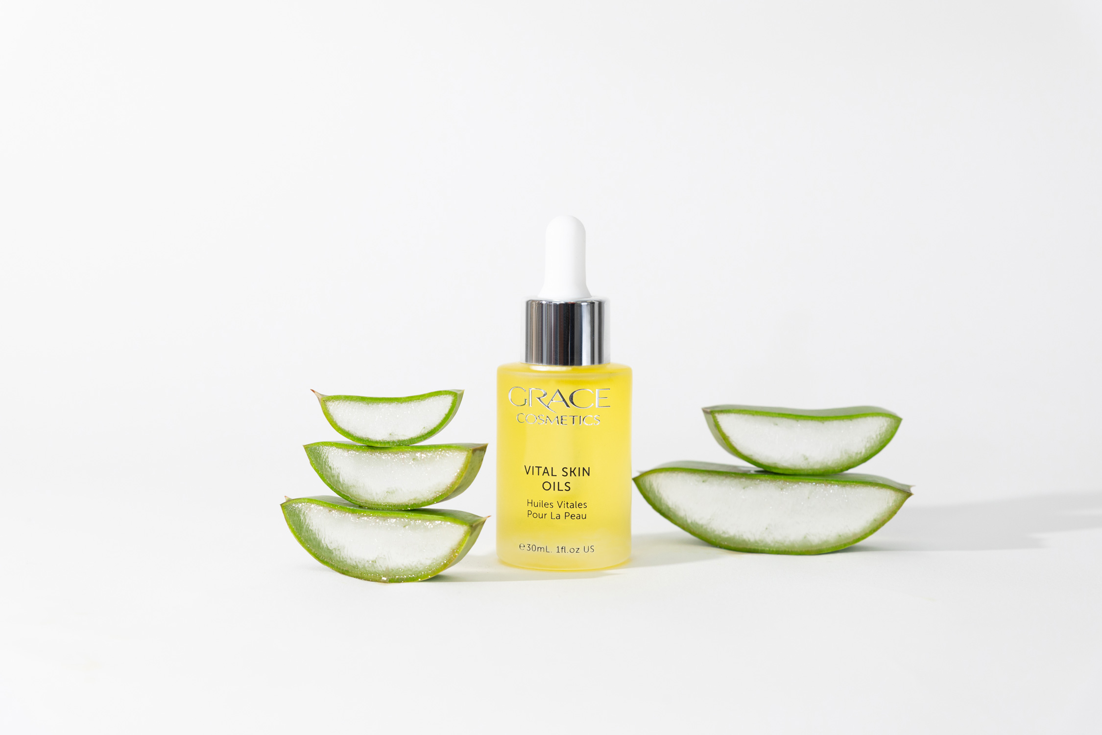 Grace Cosmetics Vital Skin Oils which contains skin-renewing vitamins and healing botanicals designed to replenish hydration & provide all day nourishment.