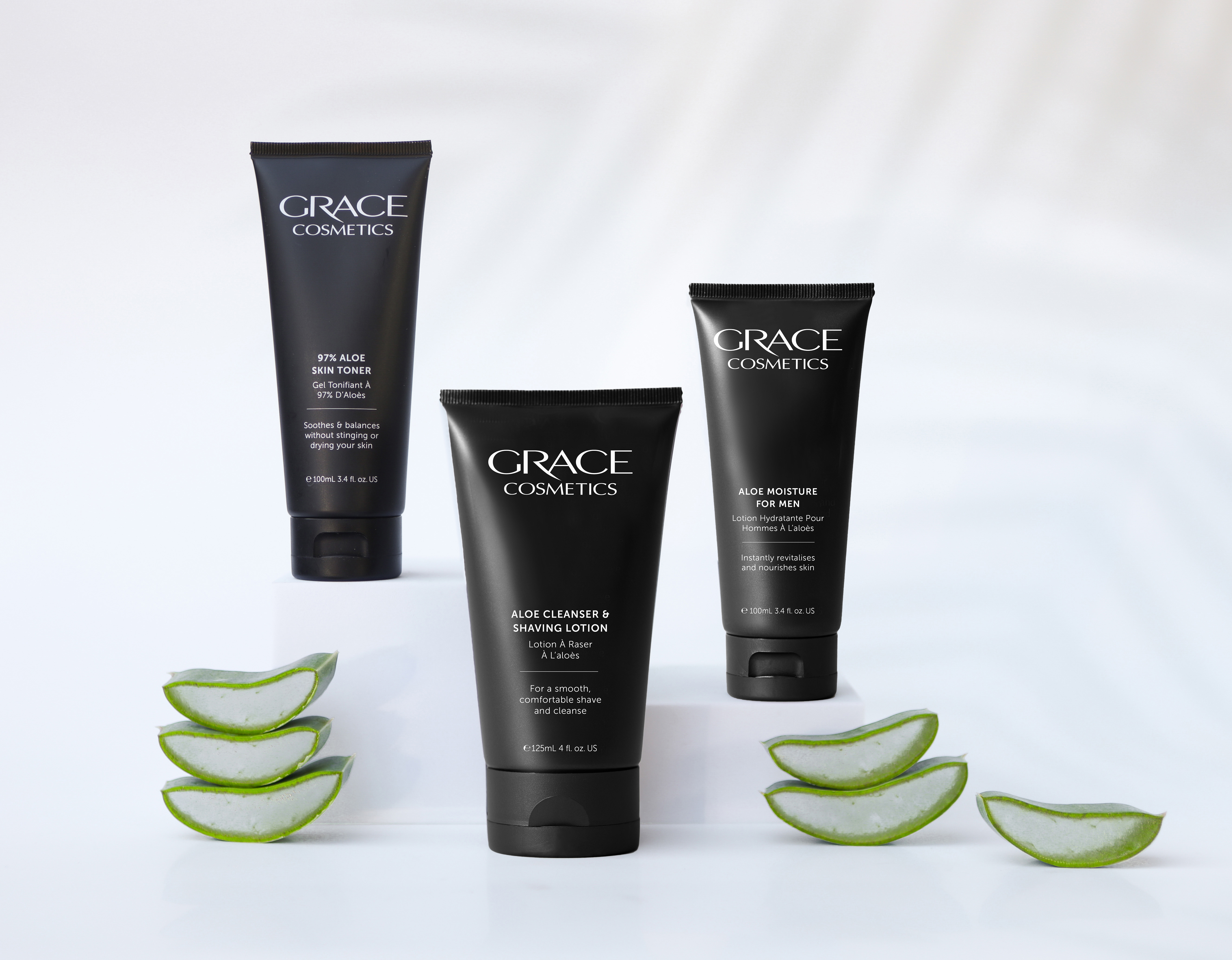 Grace Cosmetics Men's Basics set surrounded by aloe vera