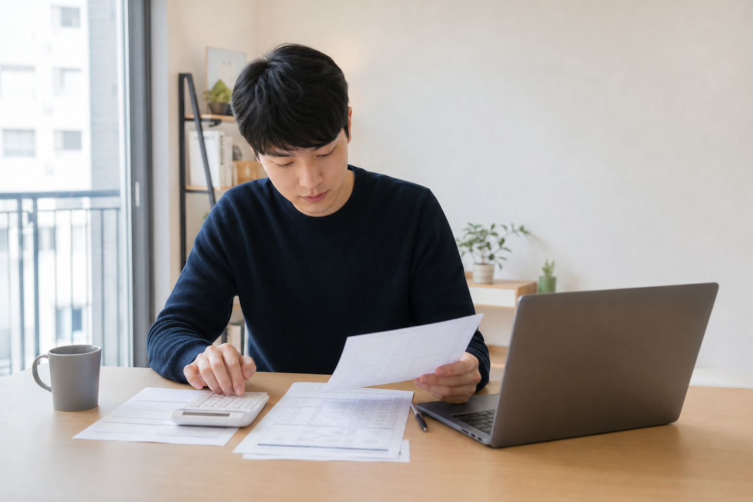 월세 납부 내역과 계약서를 보며 세액공제액을 계산하는 모습