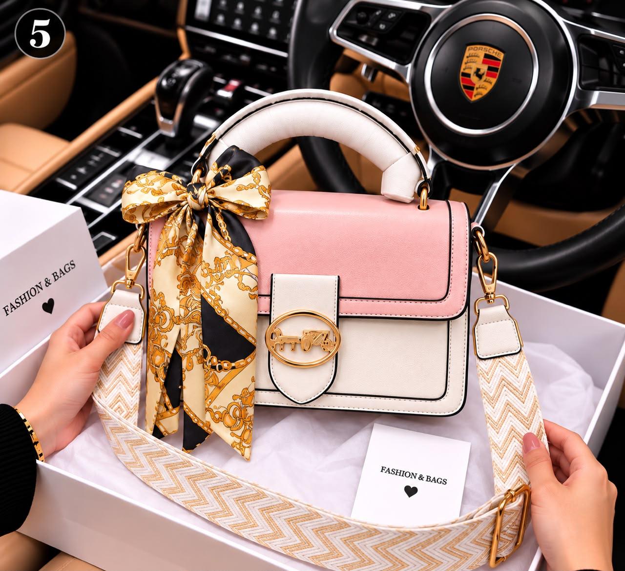 Two-Tone Handbag with Chevron Strap & Scarf Bow