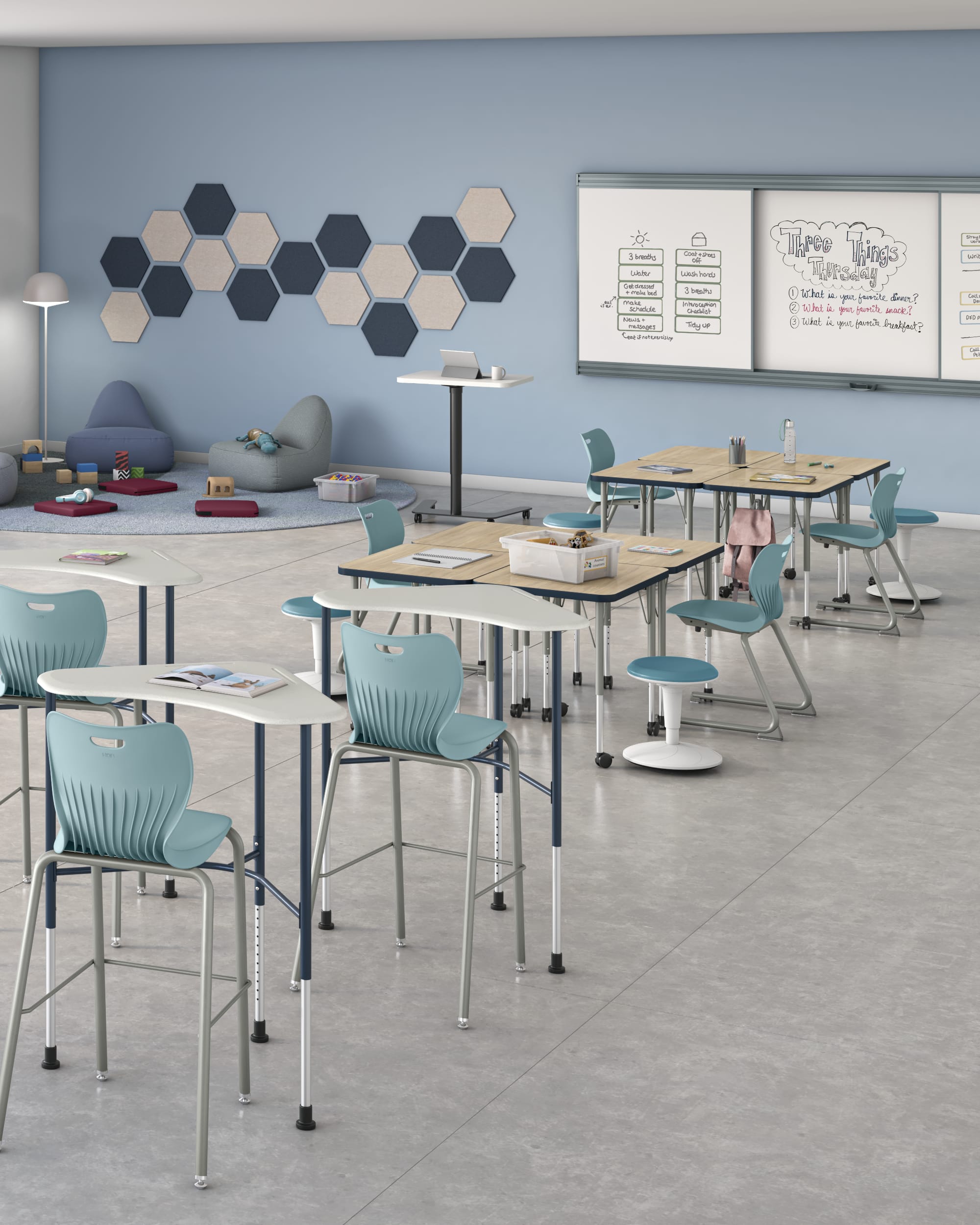 SmartLink student desks and chairs with Tangram seating.