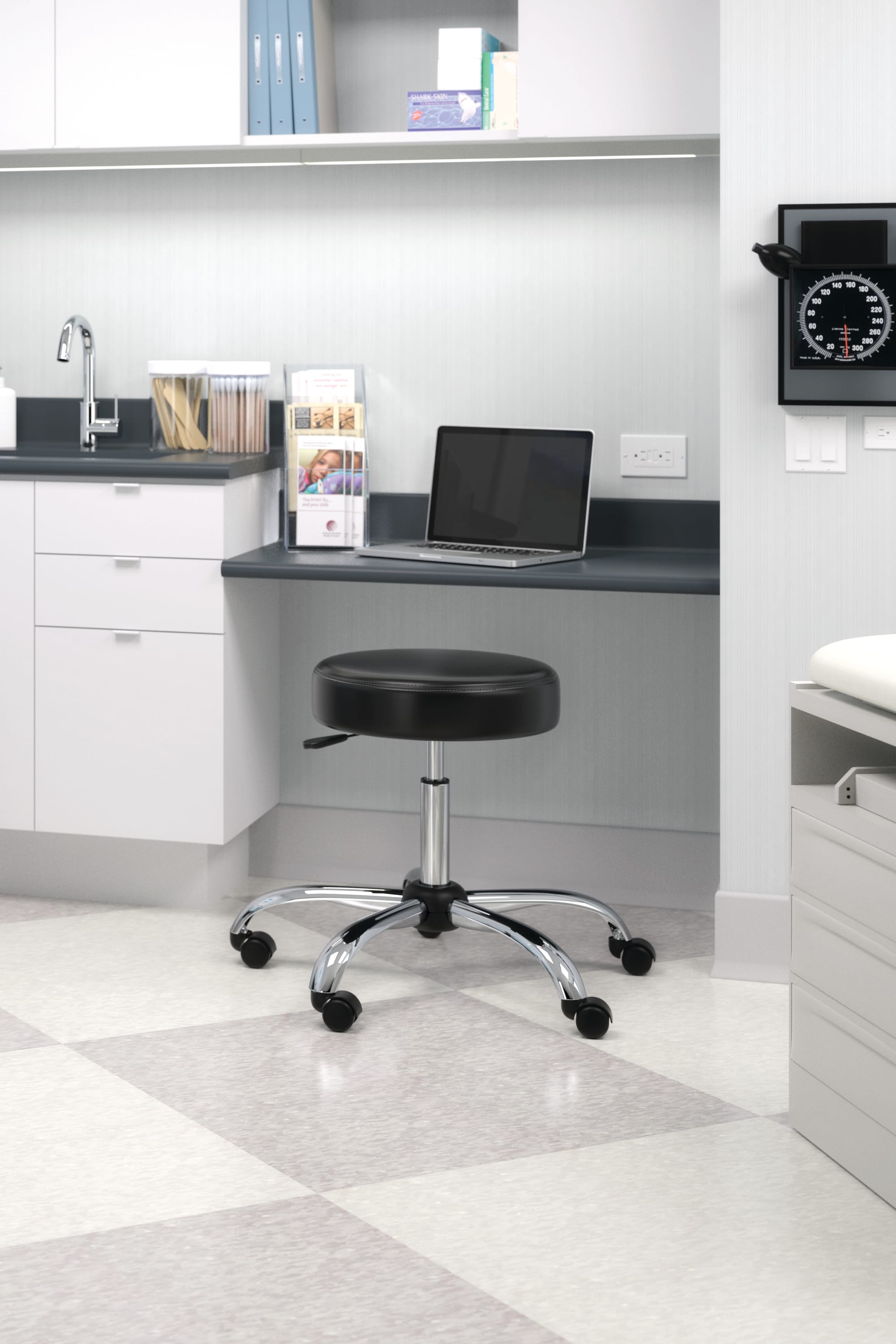 Ignition multi-purpose chairs in SX01 Silvertex Marine Blue, black frame. Exam stool in EA Black vinyl, polished frame.-