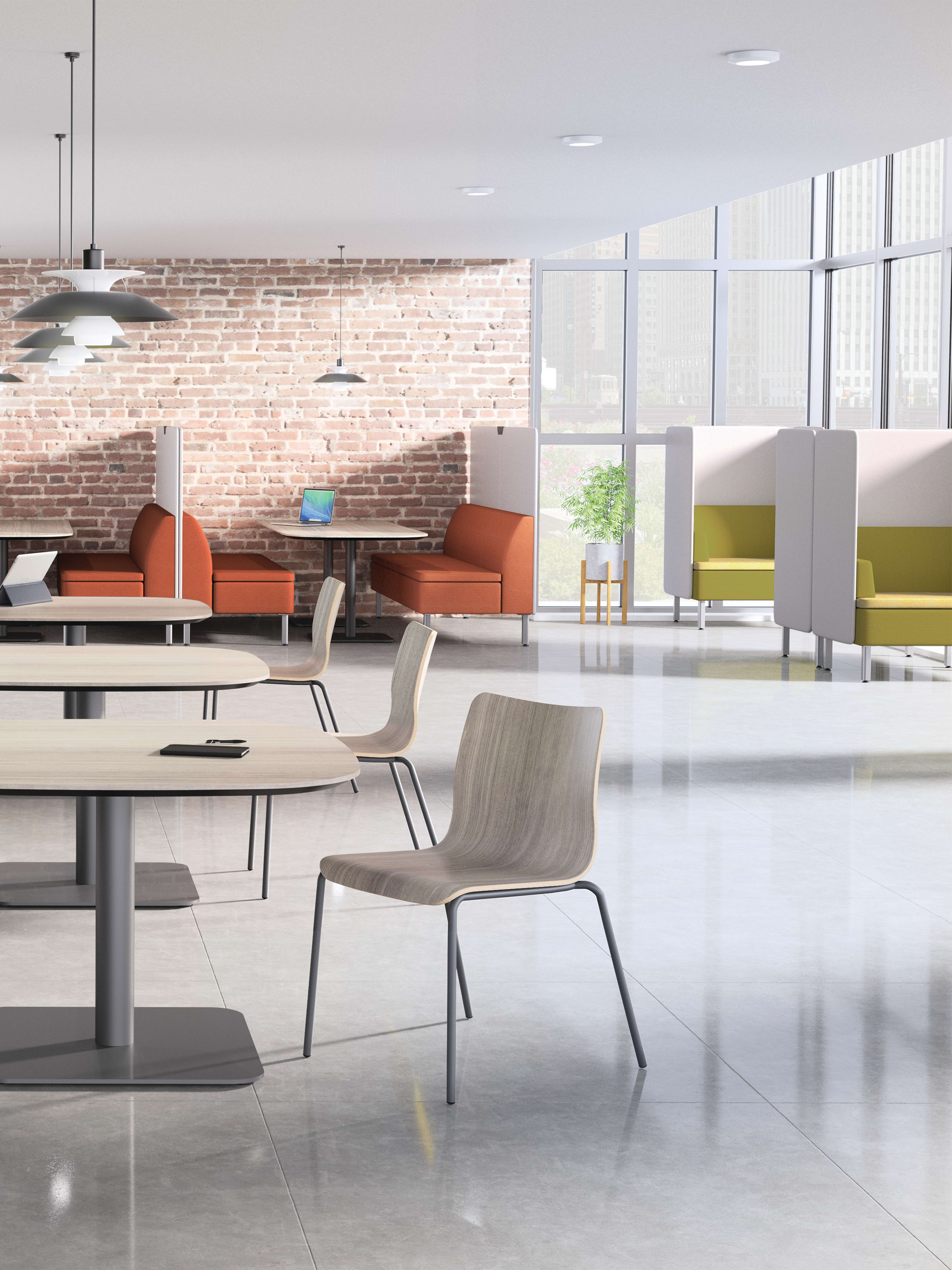 Astir one+ seat, low-back, contrasting fabric with SCFSFTN61 Full Turn Pod seat upholstery, SCFSRTZ00 Ritz Leaf body upholstery, and P8V Textured Titanium finish Astir two+ seat, low-back with UR21 Contourett Steel upholstery and P8V Textured Titanium finish Astir three+ seat, low-back with UR21 Contourett Steel upholstery and P8V Textured Titanium finish Astir three seat lounge high-back screen with PURL09 Purl Shuttle upholstery and P8V Textured Titanium finish Birk soft square tops with knife edge with LKI1 Kingswood Walnut laminate Birk single pedestal, medium with P7A Textured Charcoal finish Birk booth tops with knife edge with LKI1 Kingswood Walnut laminate Birk double pedestal, medium with P7A Textured Charcoal finish Ruch wood shell chair with LKI1 Kingswood Walnut laminate and P7A Textured Charcoal finish Astir screen ganging clip