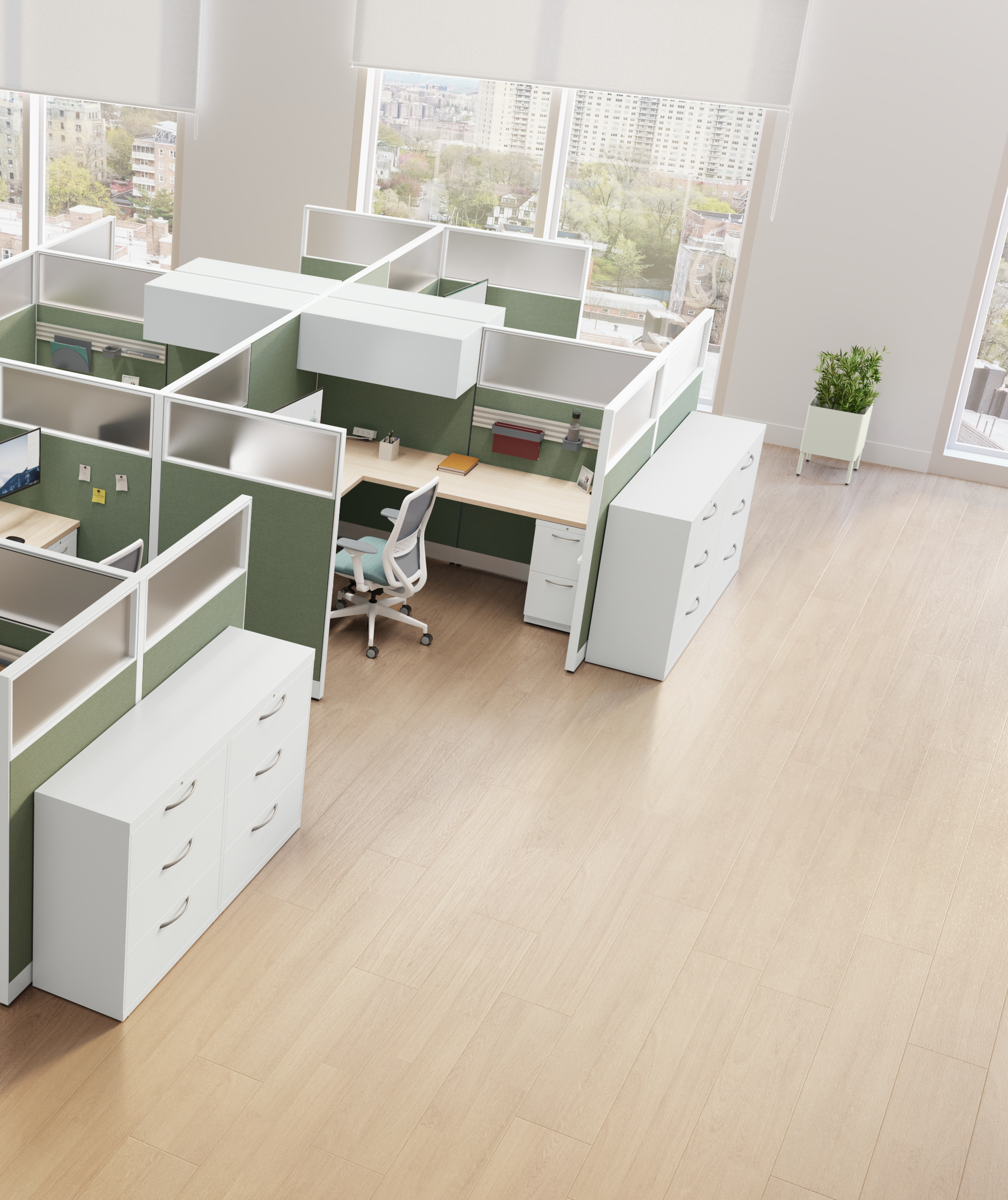 Accelerate panels in VST03 Grasslands and PJW Designer white trim paint; Nucleus with GTWY08 Catamaran seating fabric; Worksurface in LWFE Field Elm laminate; Metal storage in PJW designer white paint