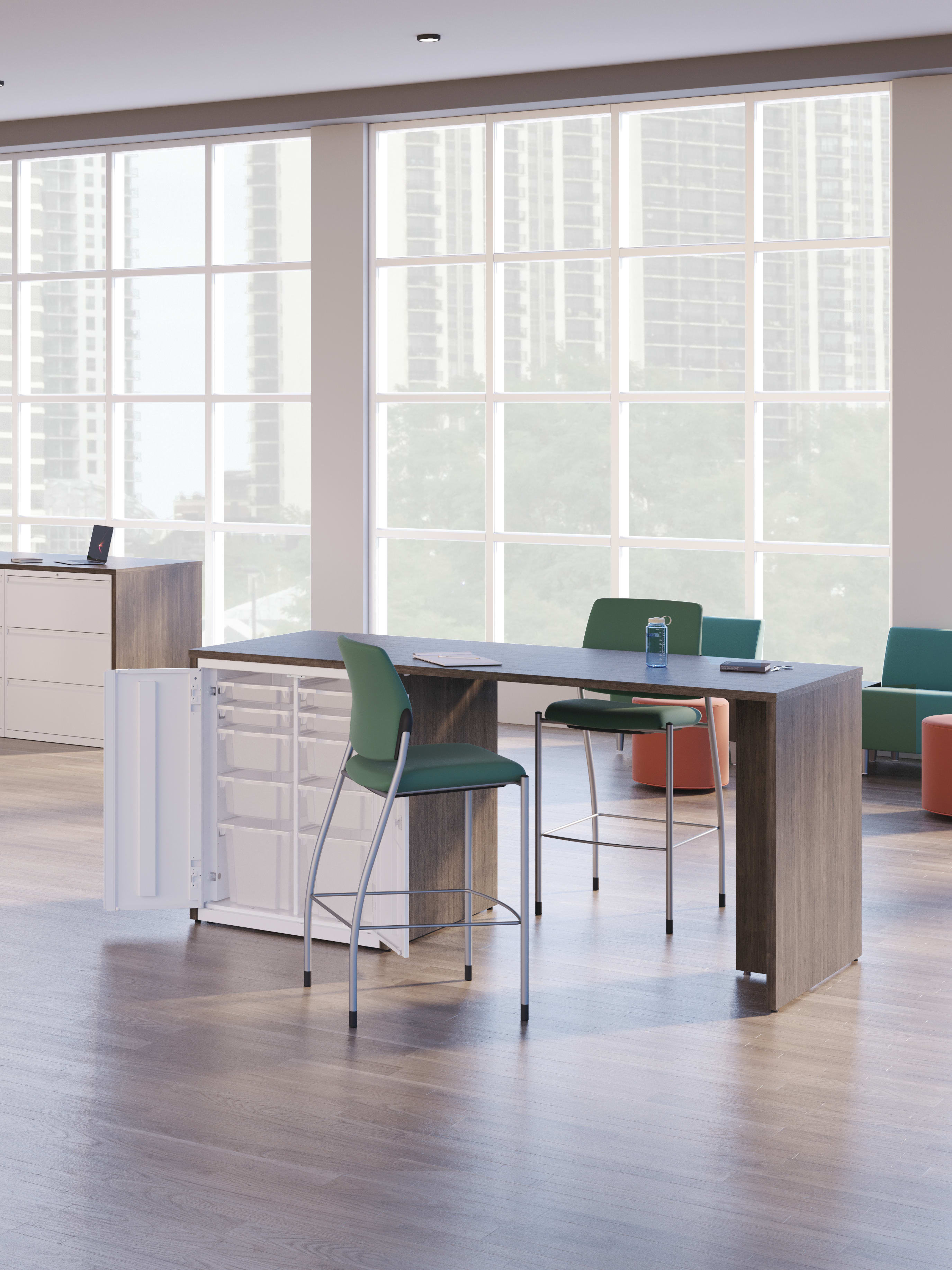 Ignition café height stools shown at café height Storage Islands with Flock lounge seating.
