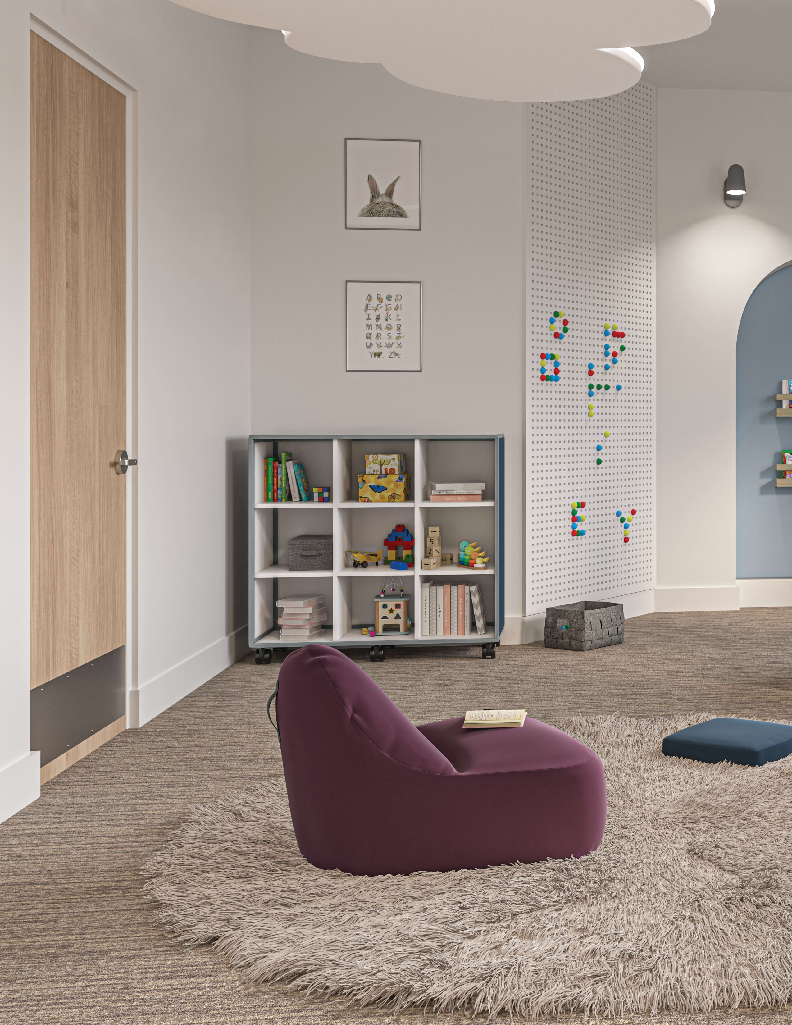 Confetti Floor Lounge and Floor Cushions with Class-ifi Storage and Tangram Seating.