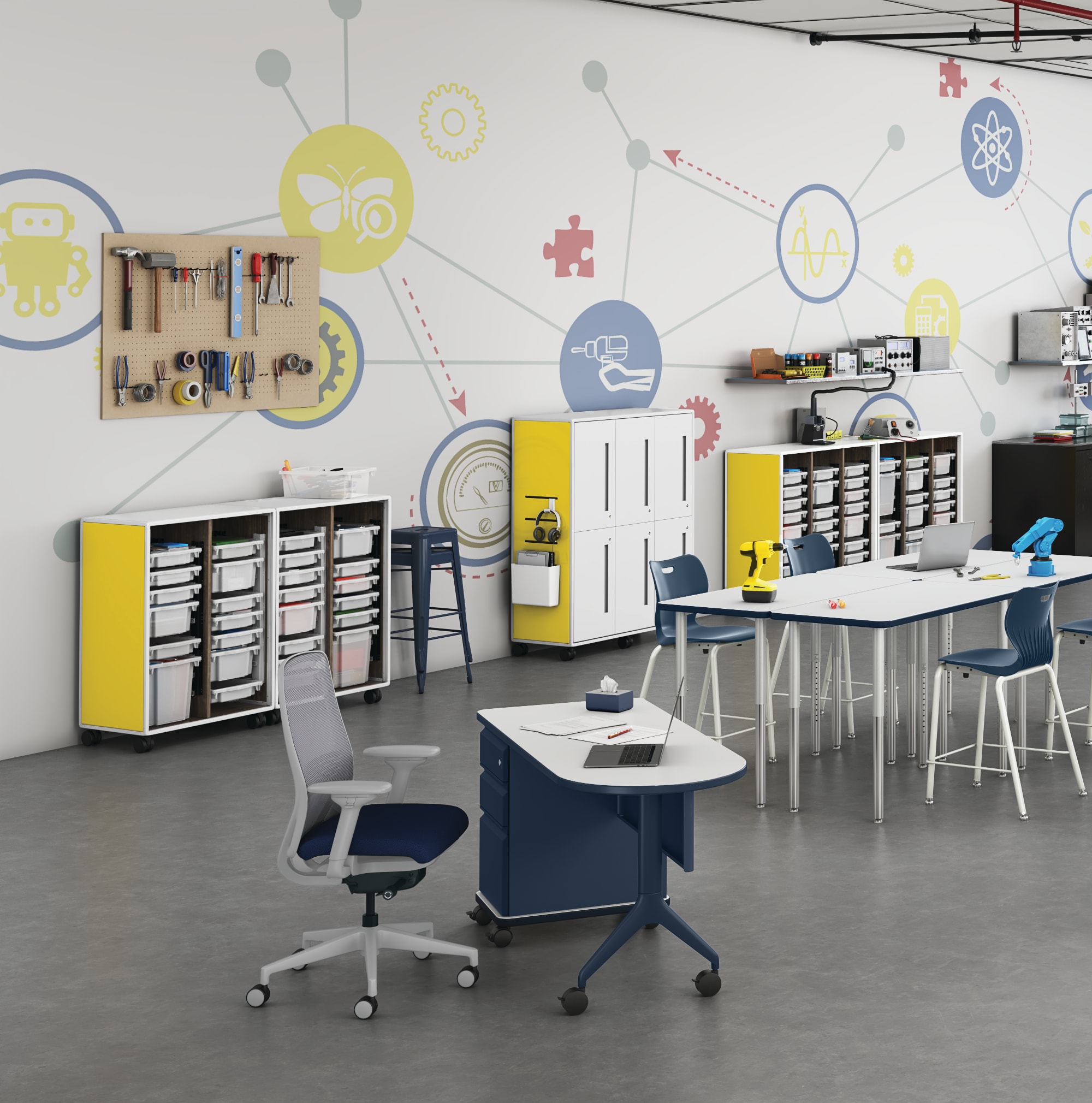 SmartLink and Build Seating with Build Tables, SmartLink Teacher Desk, Nucleus Seating and Class-ifi Storage.